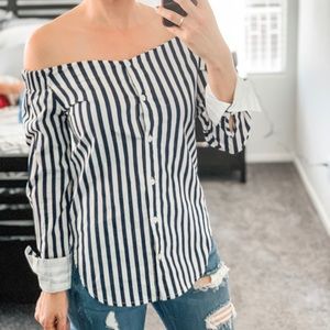 Navy Blue and White Striped OTS Top